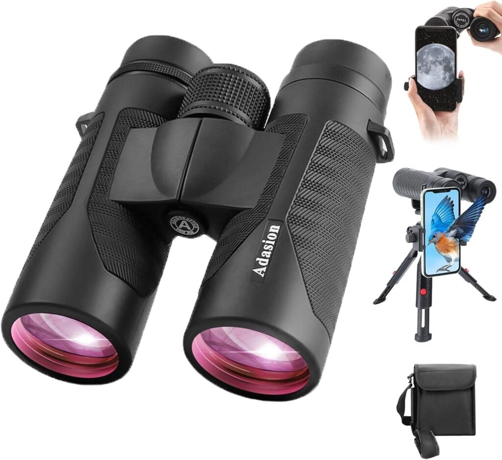 12x42 HD Binoculars for Adults High Powered with Phone Adapter and Tripod, Super Bright BAK4 Prism Waterproof Binoculars for Bird Watching Hunting Hiking Safari Travel Sports